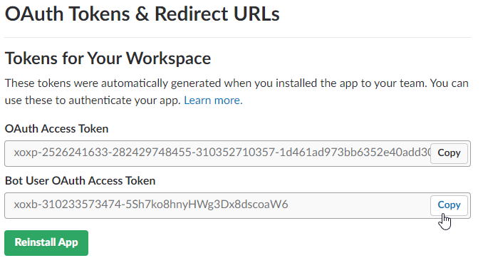 Copy the "Bot Use OAuth Access Token" value