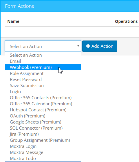 Select the Webhook (Premium) action option