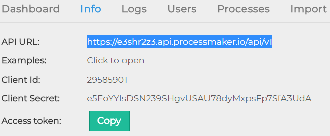 Copying the API URL for the ProcessMaker I/O Environment